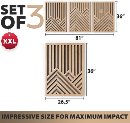 qmmp Modern Wooden Wall Sculptures - Set of 3 - Home Decor Accent - Large Wall Art for Living Room, Bedroom, Office - Easy Installation (Oak, Medium - Mountain and Sun)