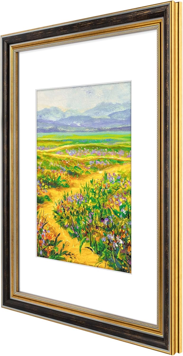 Golden State Art,11x14 Ornate Picture Frame for 8x10 Photo with Mat or 11 x 14 Prints without Mat,Real Glass Wall Display(Color:Green Gold)