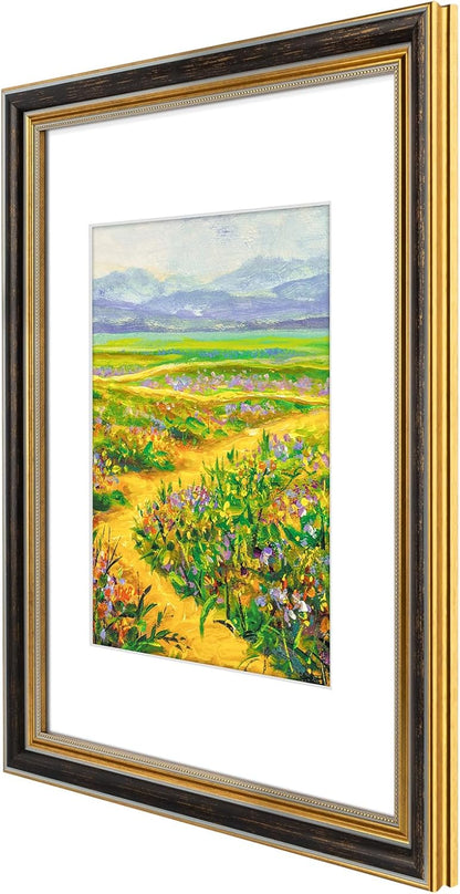 Golden State Art,11x14 Ornate Picture Frame for 8x10 Photo with Mat or 11 x 14 Prints without Mat,Real Glass Wall Display(Color:Green Gold)