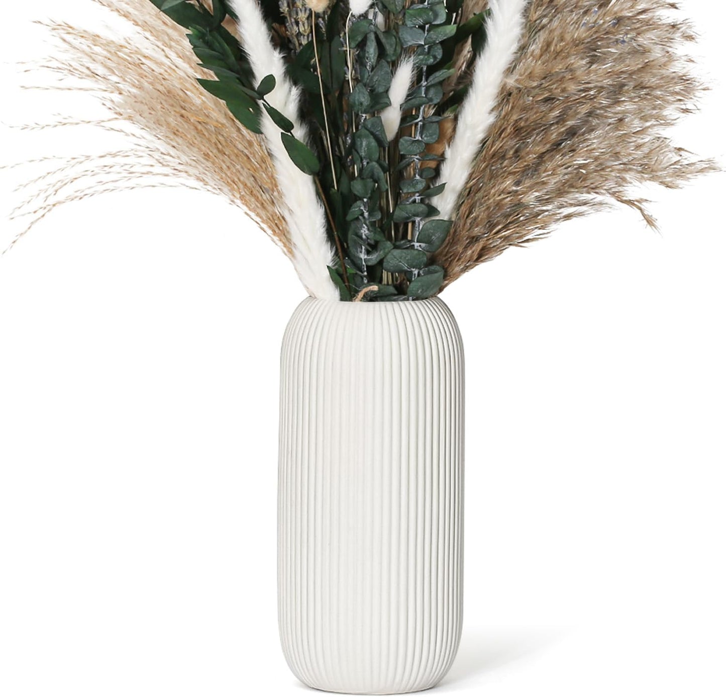 Bohemian White Ceramic Vase - for Pampas Grass, Mantel, Bookshelf, Entryway and Living Room Decor (White, 7in)