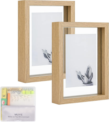 MUYE 11x14 Floating Frame Set of 2,Double Glass Rustic Frame,Display Any Size Photo up to 11x14,Wall Mount or Tabletop Standing,Natural