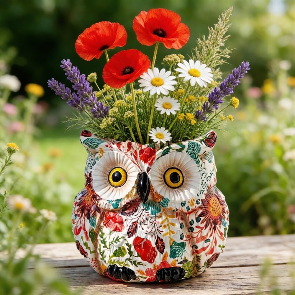 Owl Planter, Owl Succulent Pots, Funny Plant Pots Indoor/Outdoor, Decorative Garden Flower Pot, Cute Small Planters for office Home Decor, Unique Statue Figurine Gifts for Women Mother Teacher Red