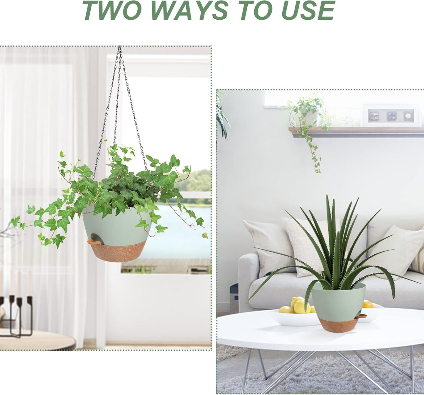 Vanslogreen Hanging Planters for Indoor Outdoor Plants, 2 Pack Self Watering Hanging Pot with Drainage Holes & Removable Tray (Black, 8'')