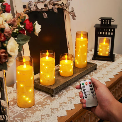 Homemory Flameless Candles with Embedded Star String Fairy Lights, Battery Operated Candles, LED Candle, Fake Candles with Remote Control and Timer for Halloween, Gray Acrylic, Set of 5(H4"5"6"8"8")