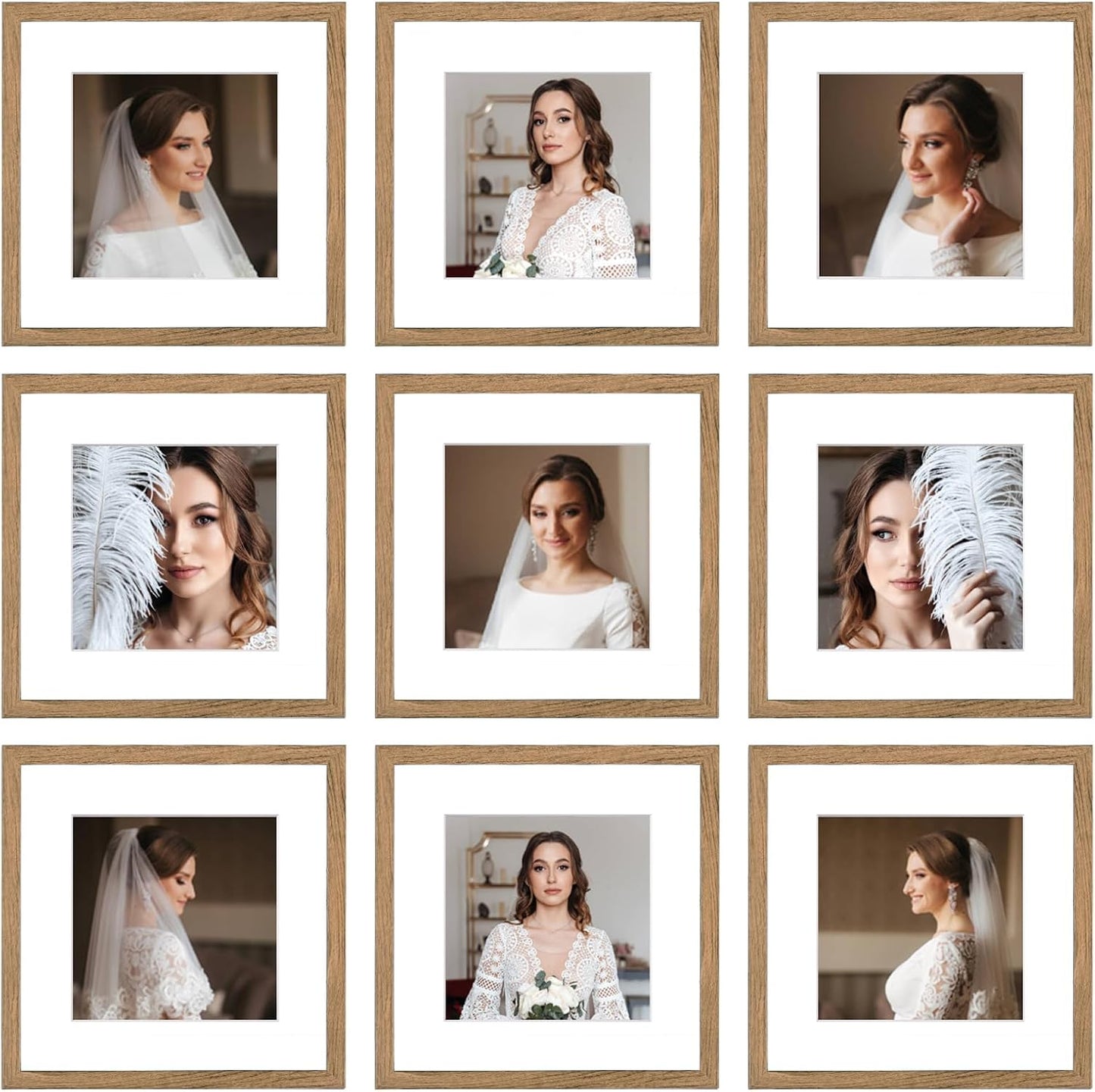 12x12 Picture Frame Set of 9, Display Pictures 8x8 with Mat or 12x12 without Mat, Multi Collage Gallery Square Photo Frames for Wall or Tabletop, Black