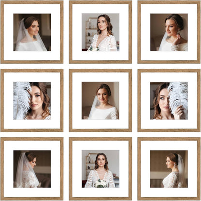 12x12 Picture Frame Set of 9, Display Pictures 8x8 with Mat or 12x12 without Mat, Multi Collage Gallery Square Photo Frames for Wall or Tabletop, Black