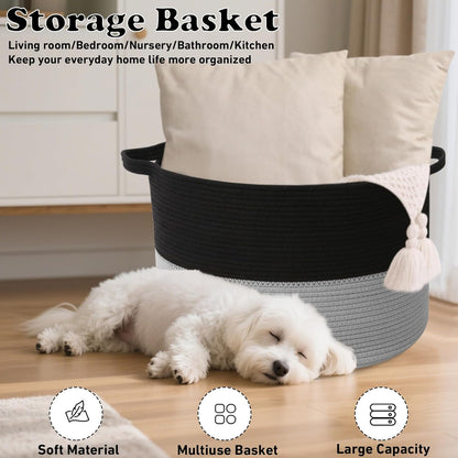 Large Woven Blanket Basket,65L Cotton Rope Laundry Basket Hamper with Handles, Decorative Nursery Basket Storage Bin for Toys, Clothes Organizer, Living Room, Bedroom, Bathroom, White & Brown