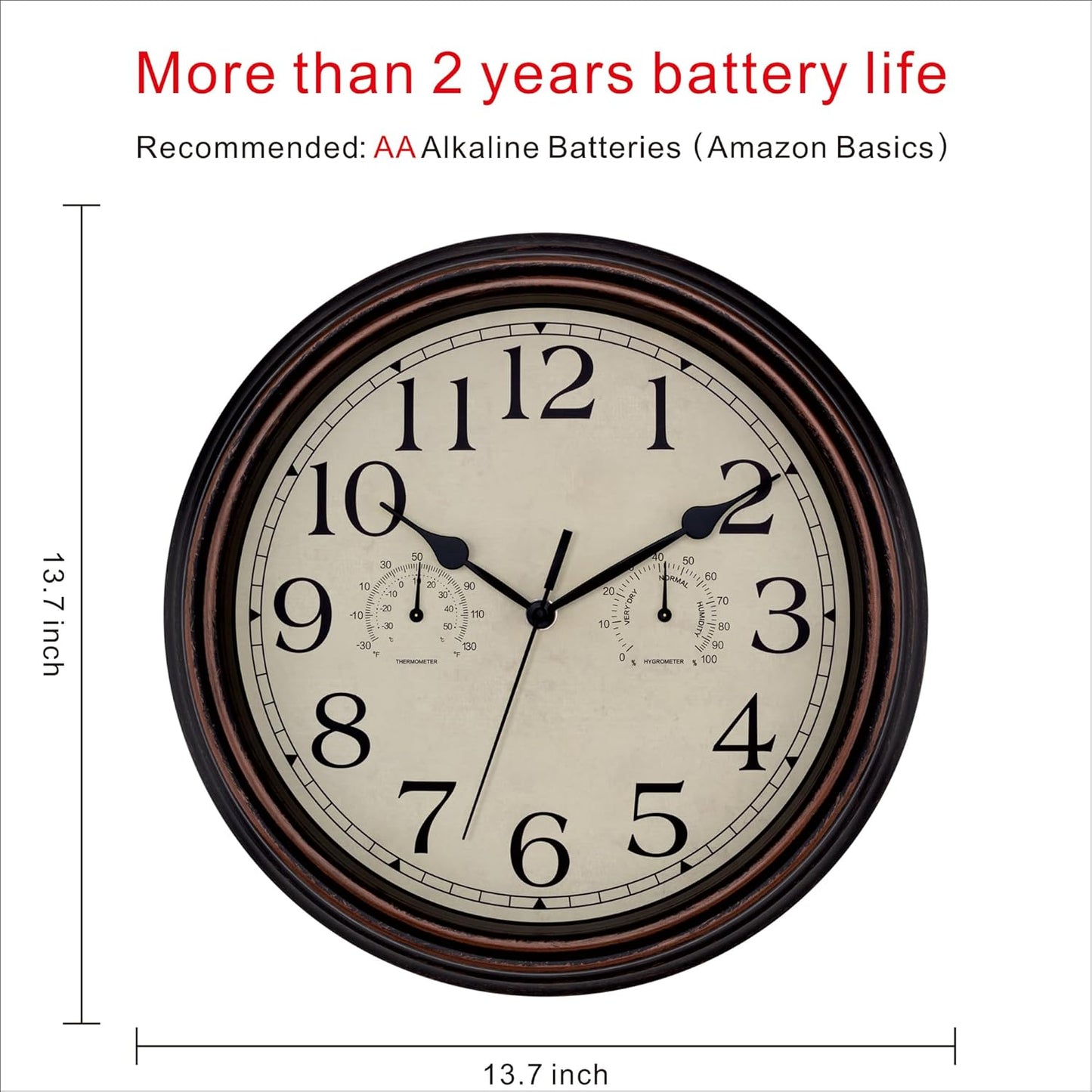 Foxtop Retro Silent Non-Ticking Round Classic Clock Quartz Decorative Battery Operated Wall Clock for Living Room Kitchen Home Office 12 Inch (Bronze)