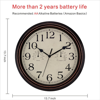 Foxtop Retro Silent Non-Ticking Round Classic Clock Quartz Decorative Battery Operated Wall Clock for Living Room Kitchen Home Office 12 Inch (Bronze)