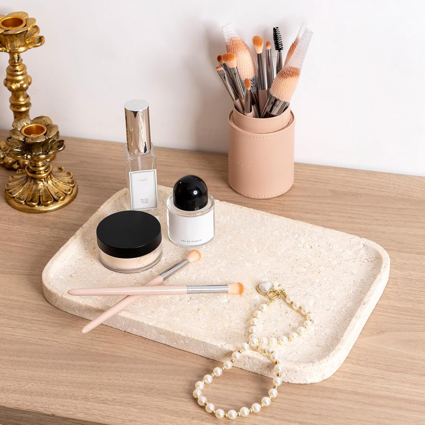 Marble Vanity Tray for Dresser Organizer, Travertine Bathroom Tray Countertop, Beige Decorative Serving Trays, Kitchen Sink Storage, Jewelry & Perfume Holder(Travertino Romano)