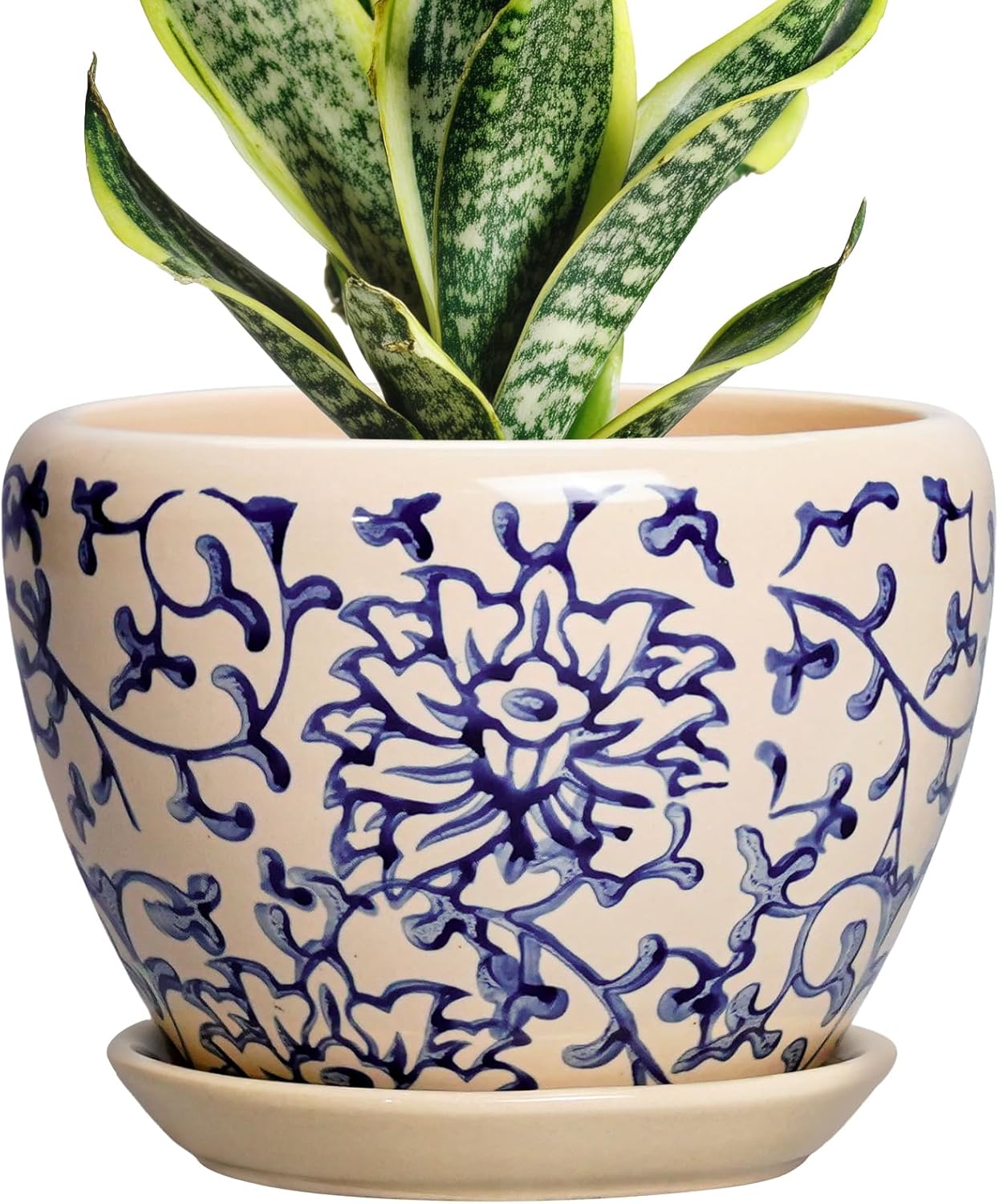 6 Inch Plant Pot - Ceramic Pots for Plants with Drainage Hole and Saucer, Round Succulent Planter Indoor Outdoor, Modern Flower Pot for Snake Plants, Home Decor, Gifts for Plant Lover, Blue
