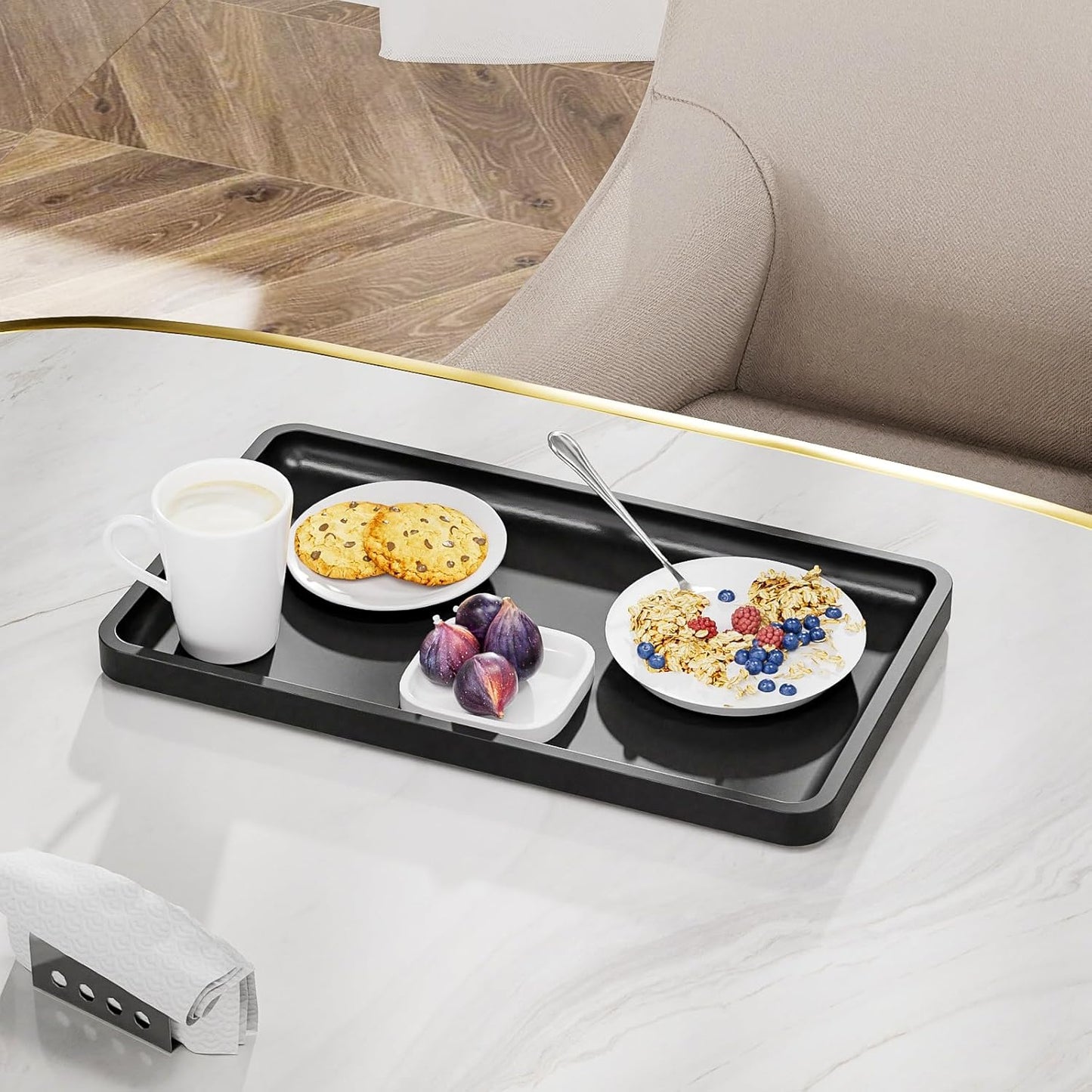 Bathroom Vanity Tray for Countertop - Bamboo Organizer Tray for Dresser Tops, Toilet, Perfume Small Decorative Tray Wood Tray for Home Decoration 11.81” L x 6.1” W x 0.79” H Black