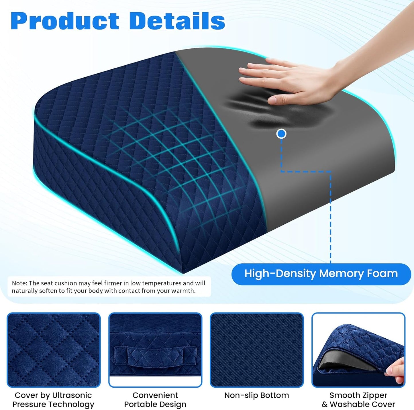Seat Cushion, Memory Foam Chair Pad for Sciatica & Hip Pain Relief, Non-Slip Cushion for Office, Home, Car, Large Desk Chair Cushion, Washable Cover & Handle, Large, Black