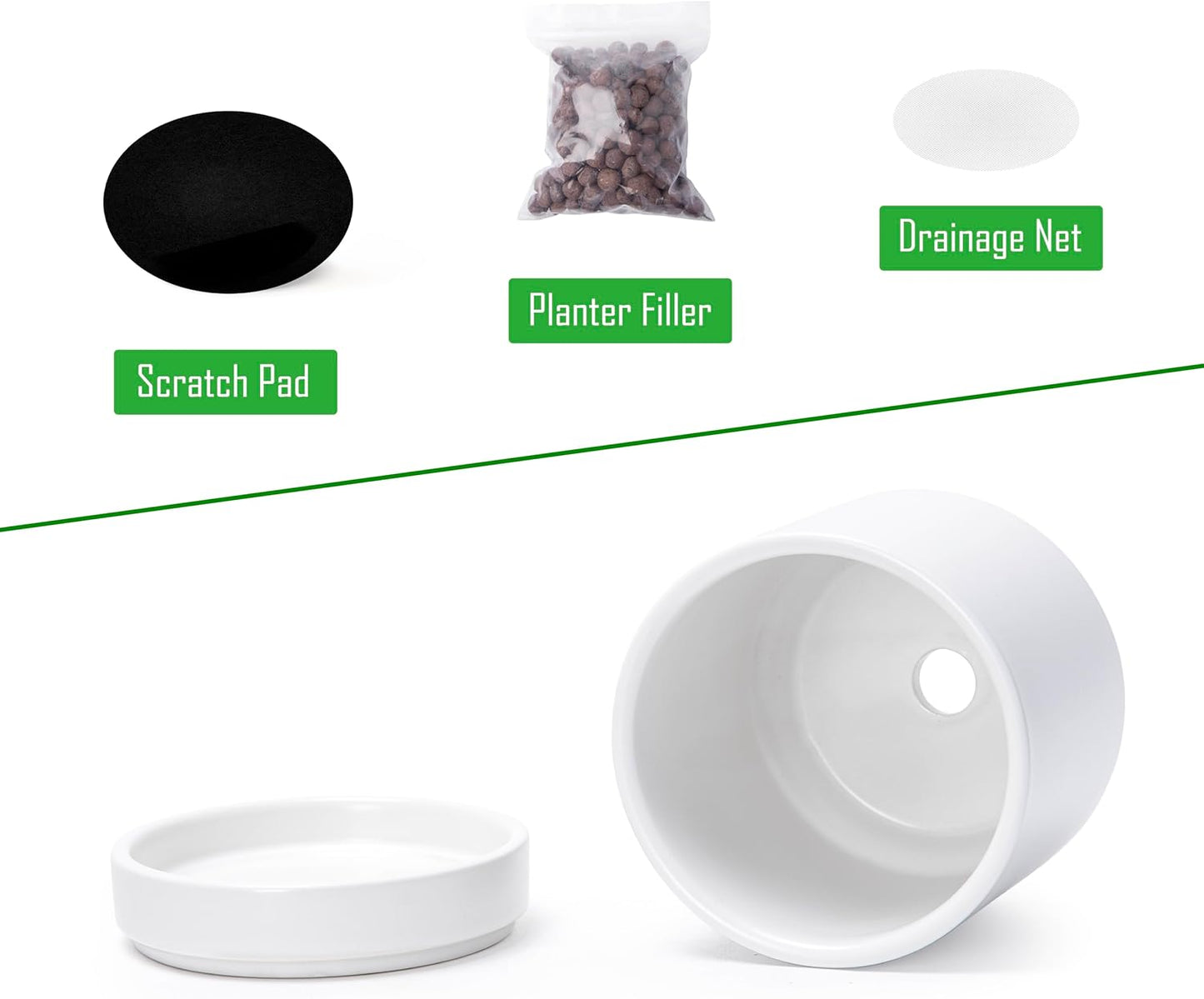 D'vine Dev Set of 2 Plants Pots, 6.5 Inch Ceramic Planter Pot for Plants with Drainage Hole and Saucer, White, 94-V-C-1