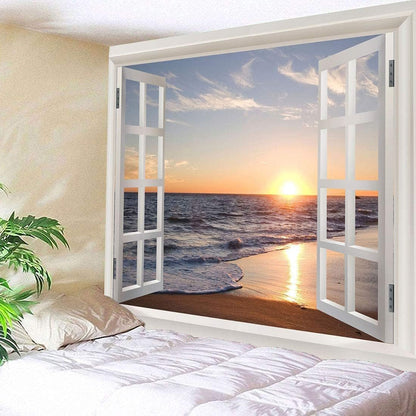Homiest 3D Ocean Tapestry Wall Hanging Sun Sunset Sea Beach Landscape Tapestry Window Tapestries for Bedroom Living Room Home Decor 51x59 Inches
