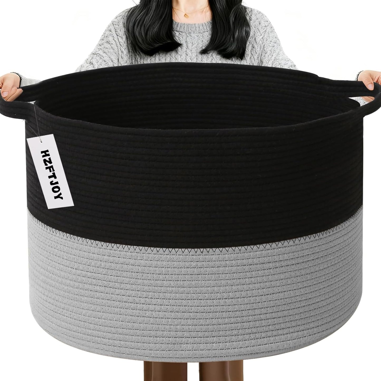 Large Woven Blanket Basket,65L Cotton Rope Laundry Basket Hamper with Handles, Decorative Nursery Basket Storage Bin for Toys, Clothes Organizer, Living Room, Bedroom, Bathroom, White & Brown