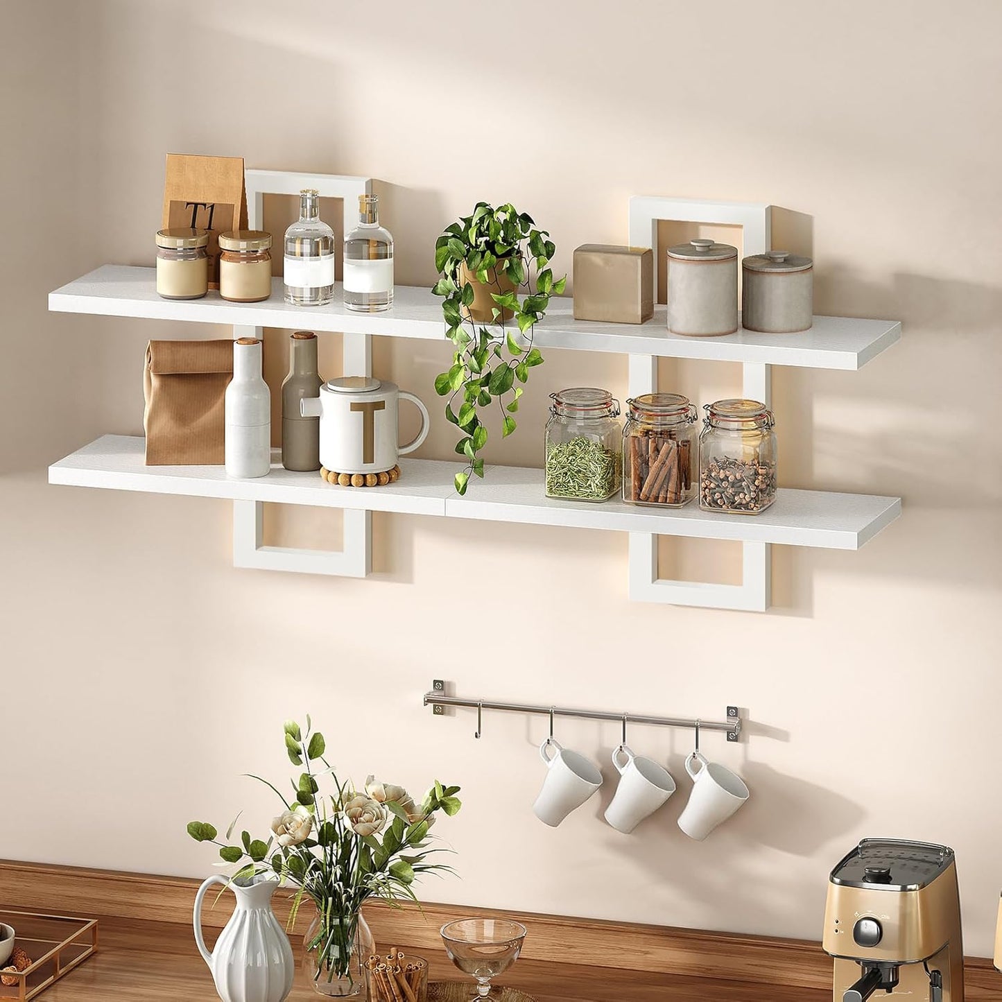 HOOBRO Floating Shelves, 15 Inch Wall Shelf Set of 2, Wall Mounted Storage Shelves 2-Tier, Hanging Bathroom Shelves, for Living Room, Bedroom, Bathroom, Kitchen, Rustic Brown and Black BF32BJ01G1