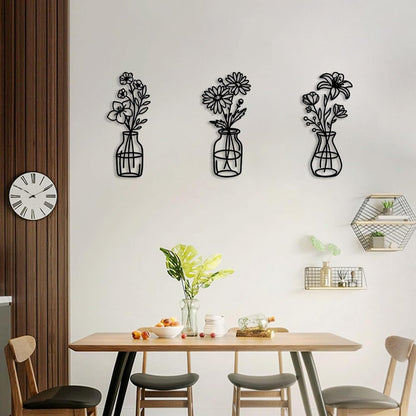 3 Pcs Metal Vase Wall Arts,Iron Art Painting,Rustic Farmhouse Decor Minimalist Flower Wall Decor for Bedroom Bathroom Living Room Dining Room(Blue, Vase-D)