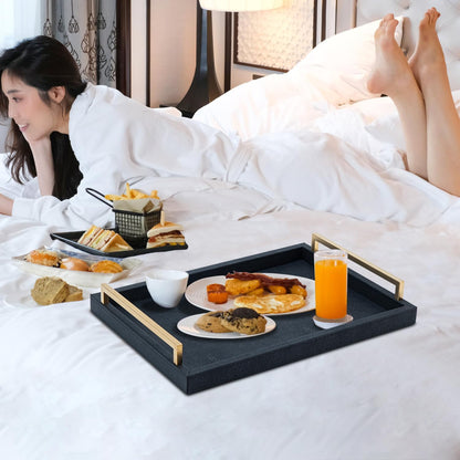 XIGEXIGE Ivory Shagreen Decorative Tray Large Rectangle Coffee Table Tray for Ottoman Faux Leather Serving Tray with Brushed Gold Handles