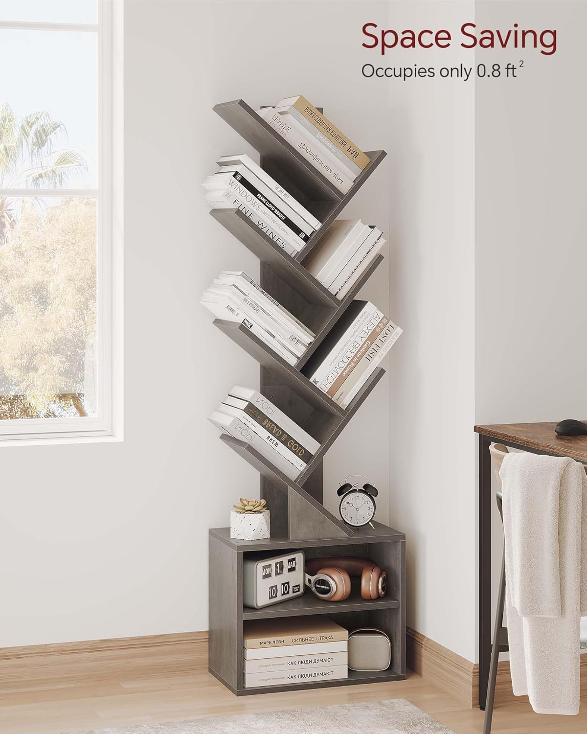 SUNMORY 6 Tier Tree Bookshelf, Small Bookcase with Storage Cabinet, Modern Tall Narrow Bookshelves Organizer, Floor Standing Book Shelf for Bedroom/Living Room/Home Office/Corner, Rustic Brown