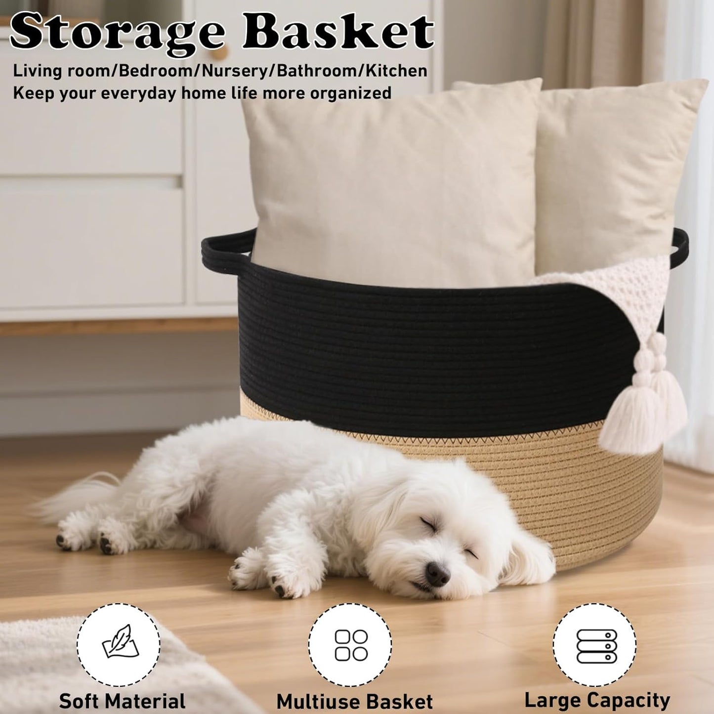 Large Woven Blanket Basket,65L Cotton Rope Laundry Basket Hamper with Handles, Decorative Nursery Basket Storage Bin for Toys, Clothes Organizer, Living Room, Bedroom, Bathroom, White & Brown