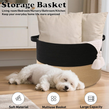 Large Woven Blanket Basket,65L Cotton Rope Laundry Basket Hamper with Handles, Decorative Nursery Basket Storage Bin for Toys, Clothes Organizer, Living Room, Bedroom, Bathroom, White & Brown