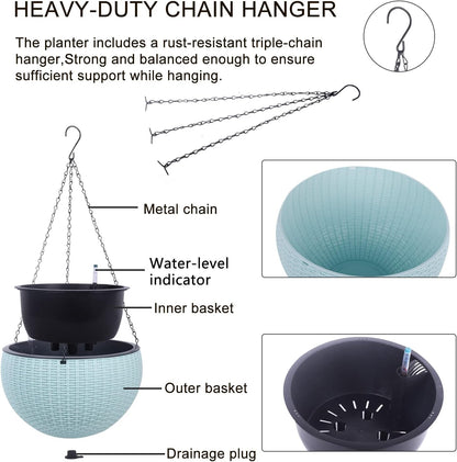 Vencer 11 Inch Round Resin Rattan Hanging Planters,Self Watering Hanging Basket for Indoor Outdoor Plants,Hanging Flower Pots with Drain Hole and Metal Chain,Water Indicator,Coffee,VF-A15-C