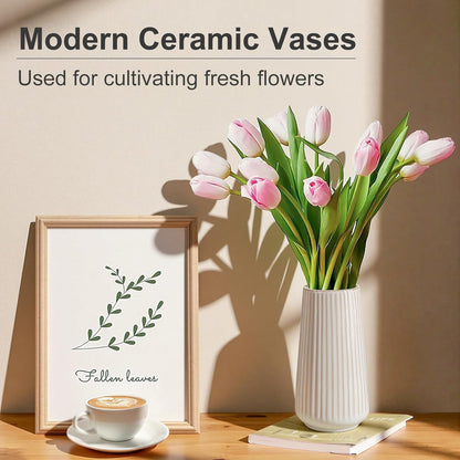 White Ceramic Vase, GUKJOB Small Cute Flower Vase for Pampas Grass, Home, Living Room, Dining Table, Farmhouse, Office Decor, Bedroom, Table, and Kitchen Shelf (White)
