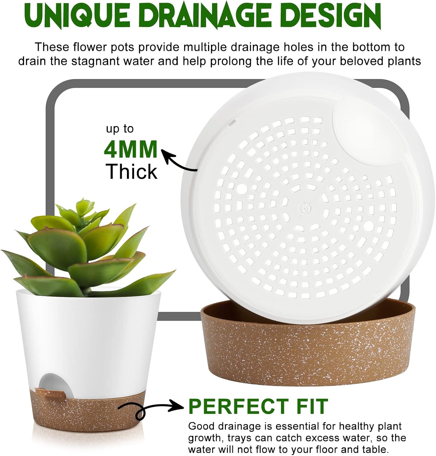 YNNICO Indoor Self Watering Planters with Drainage Holes and Saucers, 8, 7, 6.5, 6, 5.5, 5 Inches, Black, 6 Pots