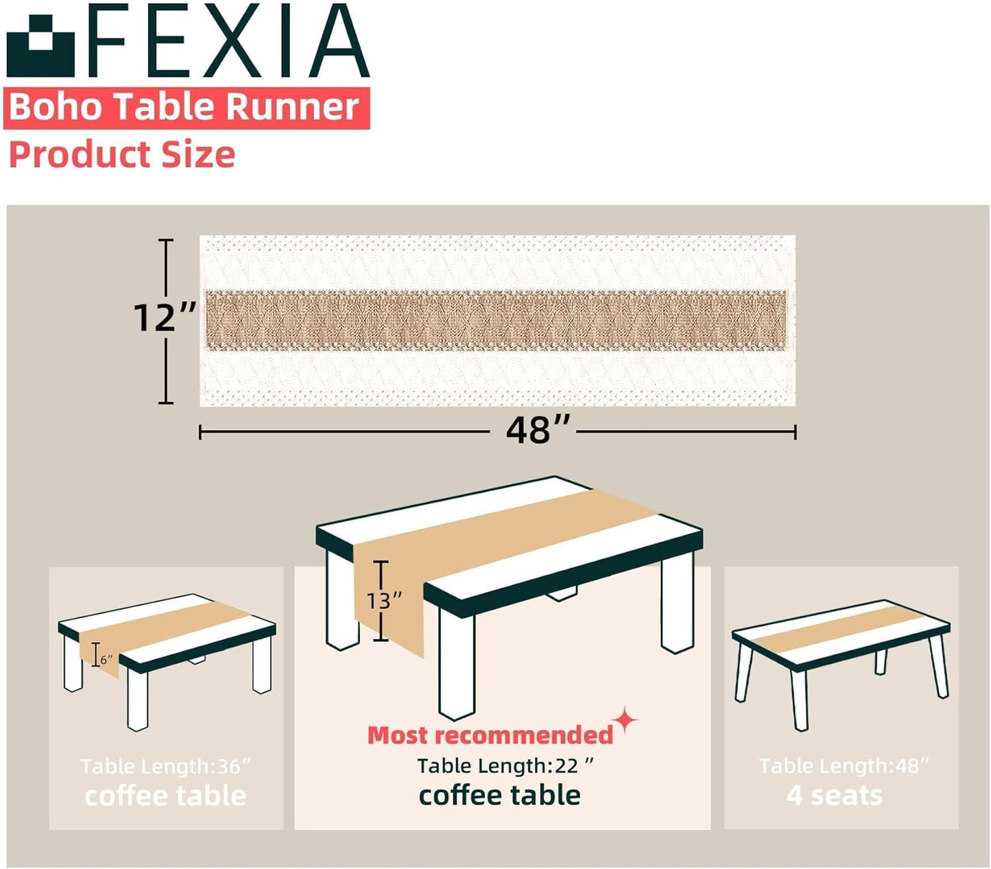 FEXIA Boho Table Runner for Thanksgiving Fall Christmas Home Decor with Tassels 72 Inches Long Pottery barn Furniture Farmhouse Rustic Macrame Burlap Table Decoration for Living Room (12x72 Inches)