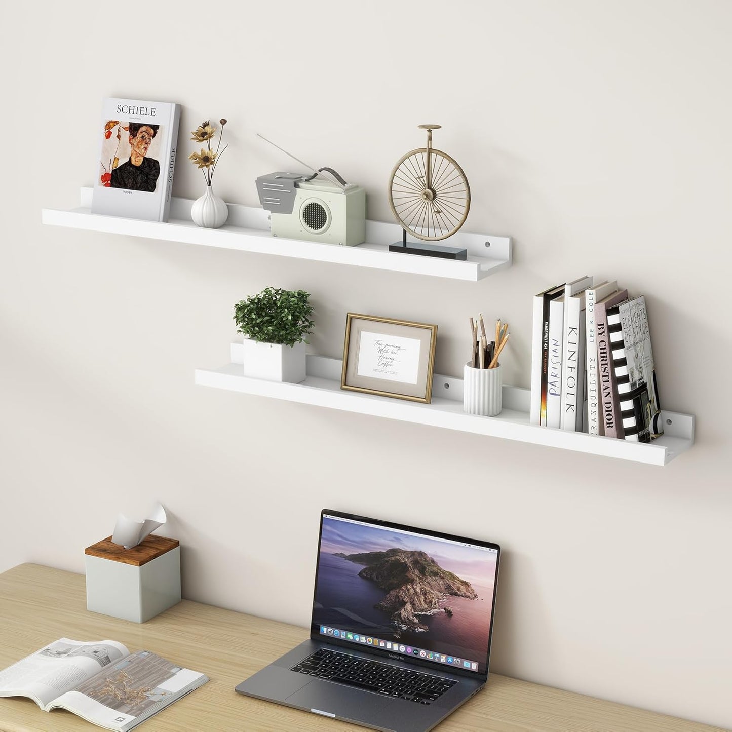 FLYJOE Picture Ledge Shelf, Floating Shelves Set of 2, Solid Pine Wood 55'' Long Large Nursery Book Shelves for Toys Storage, Kids Bookshelf for Living Room Bedroom Decor Books Photo Frames, Walnut