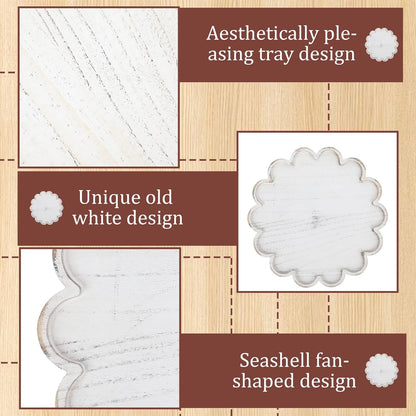 BreezeHug Brown Decorative Serving Tray Wood 12.6 Inch Scalloped Serving Tray Round Wooden Display Plate with Scalloped Borders for Coffee Table Living Room Bedroom Entryway Decoration