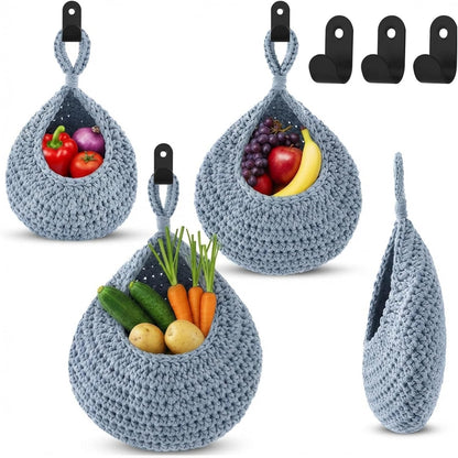 Honeydak Boho Decor Hanging Wall Baskets for Kitchen 3 Pack Teardrop Baskets with Hooks Storage Fruit Onion Vegetable Potato for Home 3 Sizes(Linen,Teardrop,Jute)