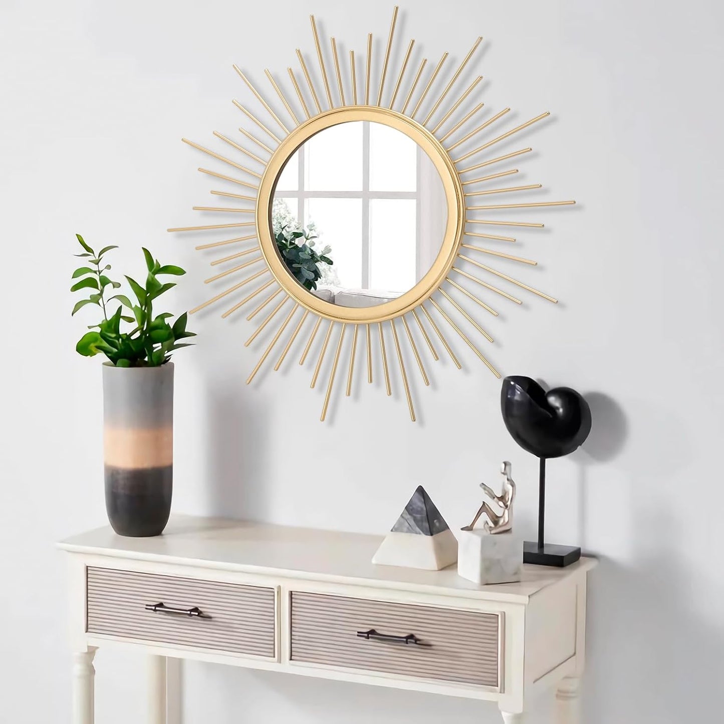 Gold Sunburst Mirrors for Wall Decorative Metal Round Art Mirrors Large Wall Decor Hanging Mirror for Bathroom Bedroom Living Room Vanity Entryway 16"