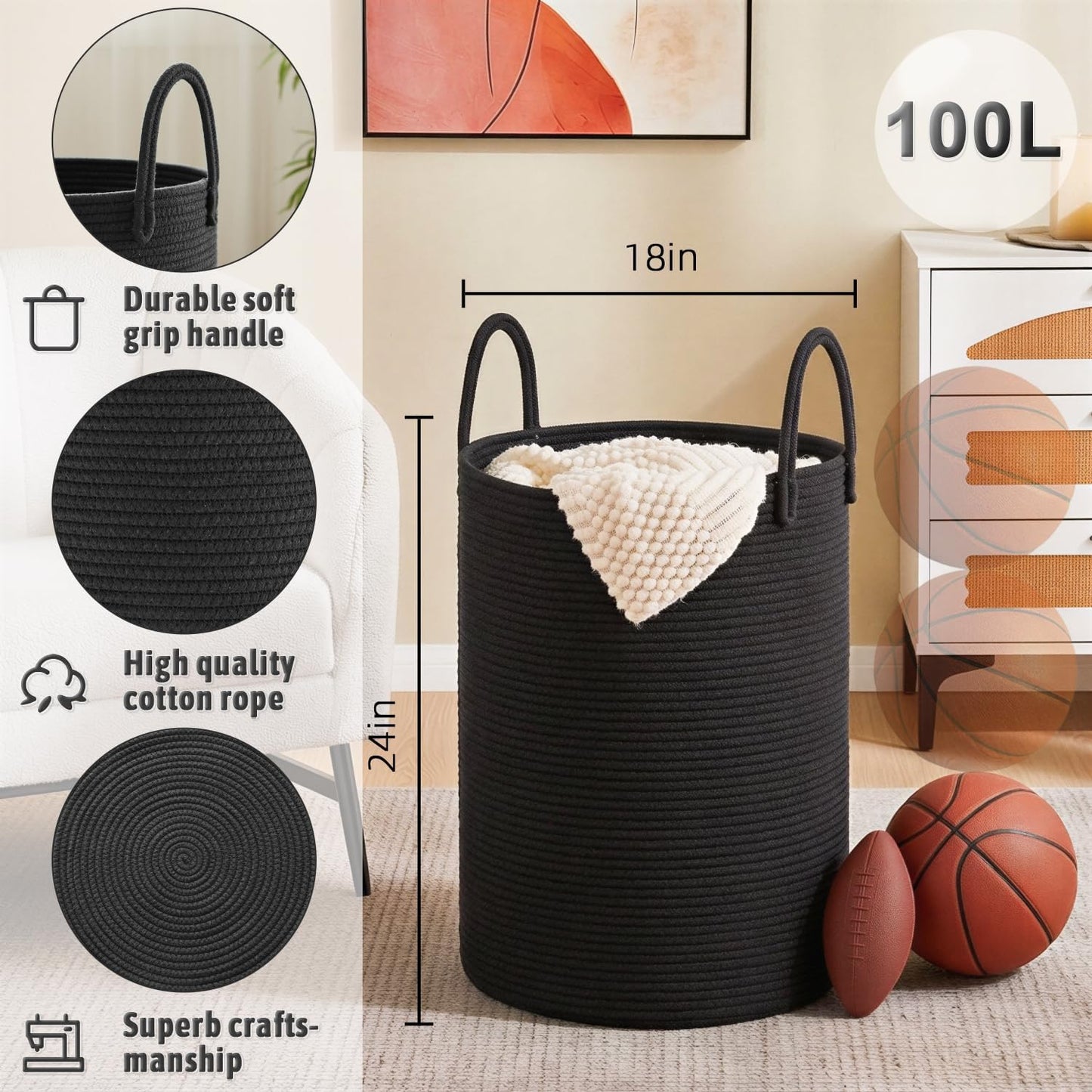 Artfeel Laundry Basket,Woven Cotton Rope Laundry Hamper,60L for Decor Storage of Dirty Clothes,Toys and Blankets in Bathroom,Baby Room and Living Room