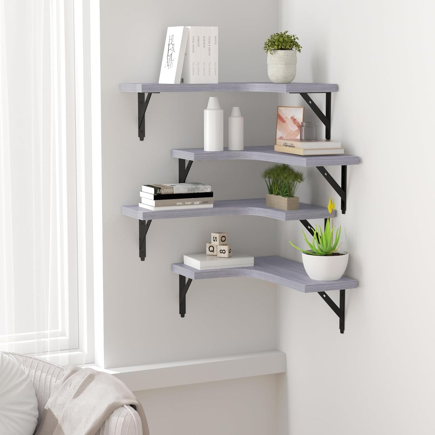ROMGUAR CRAFT Corner Floating Shelves Wall Mounted Set of 4, Rustic Wood Storage Display Shelves for Home Decor, Bathroom, Kitchen, Bedroom, Living Room, Office (Black)