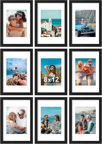 Vittanly 8x10 Picture Frames Set of 9, Shatter Resistant Plexiglass, Display 5x7 Pictures with Mat or 8x10 without Mat, Photo Frames for Wall or Tabletop, Engineered Wood, Black - Colors A