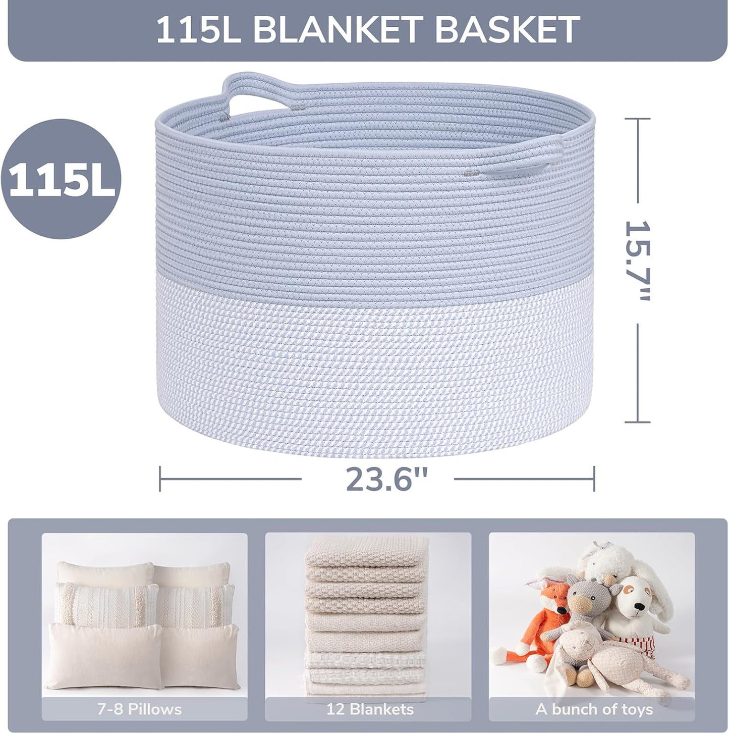 INDRESSME XXXLarge Blanket Basket for Living Room 21.7" x 21.7" x 13.8"-Storage Basket with Handle for Organizing Toy Pillows Woven Cotton Rope Laundry Basket Stuffed Animal Toy Storage for Play Room