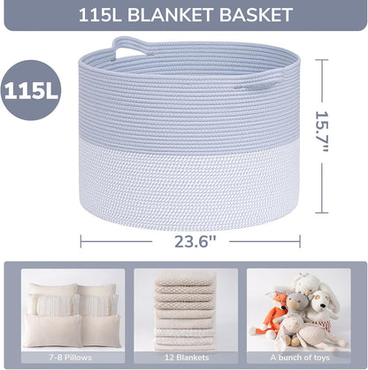 INDRESSME XXXLarge Blanket Basket for Living Room 21.7" x 21.7" x 13.8"-Storage Basket with Handle for Organizing Toy Pillows Woven Cotton Rope Laundry Basket Stuffed Animal Toy Storage for Play Room