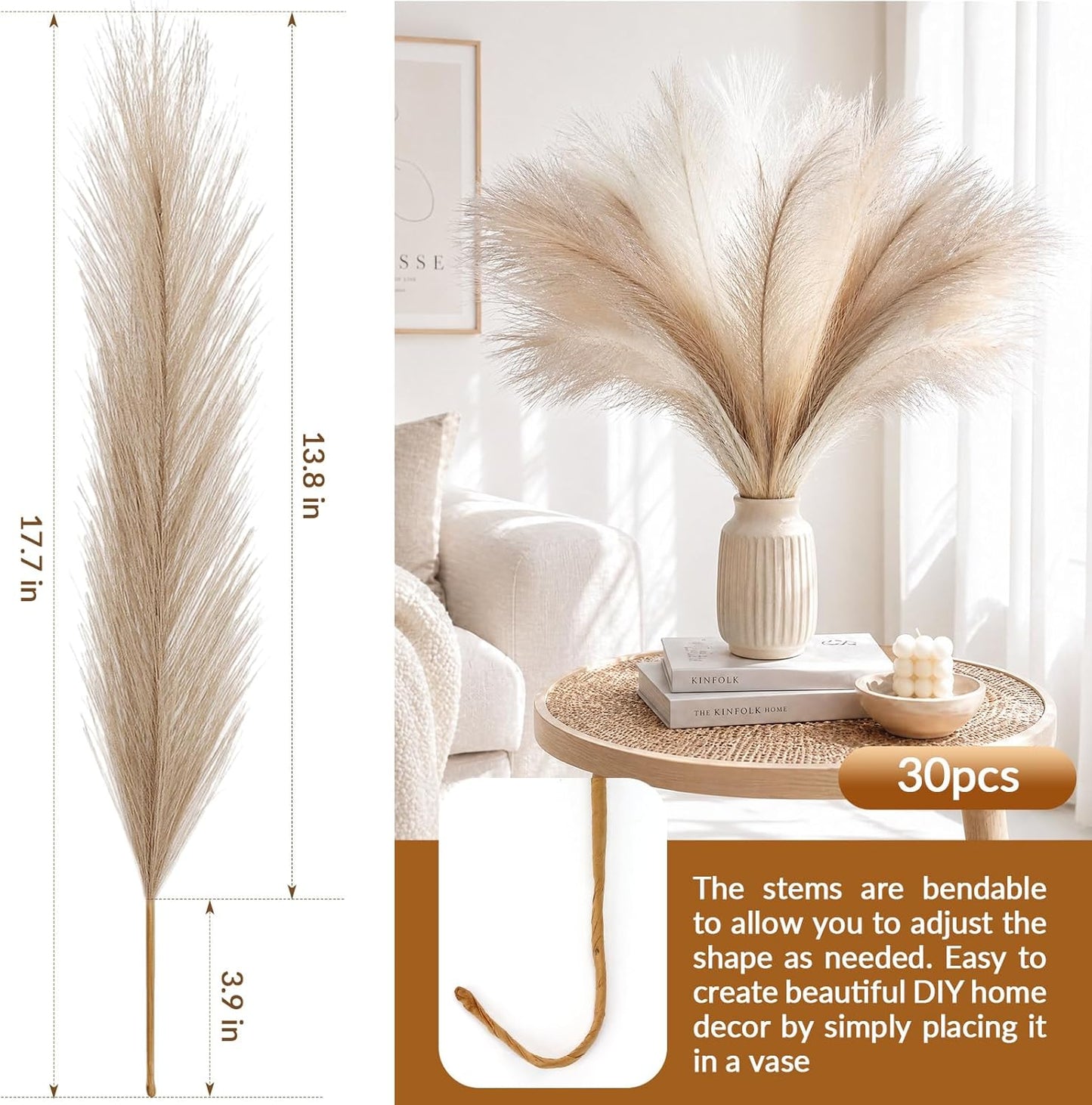 30pcs Pampas Grass Decor,21" Artificial Pompous Grass Bulk,Small Vase Filler Pompas Grass for Home Wedding Living Room Wall Party Decoration (Beige,Light Brown, 21 Inch 30 Pcs)