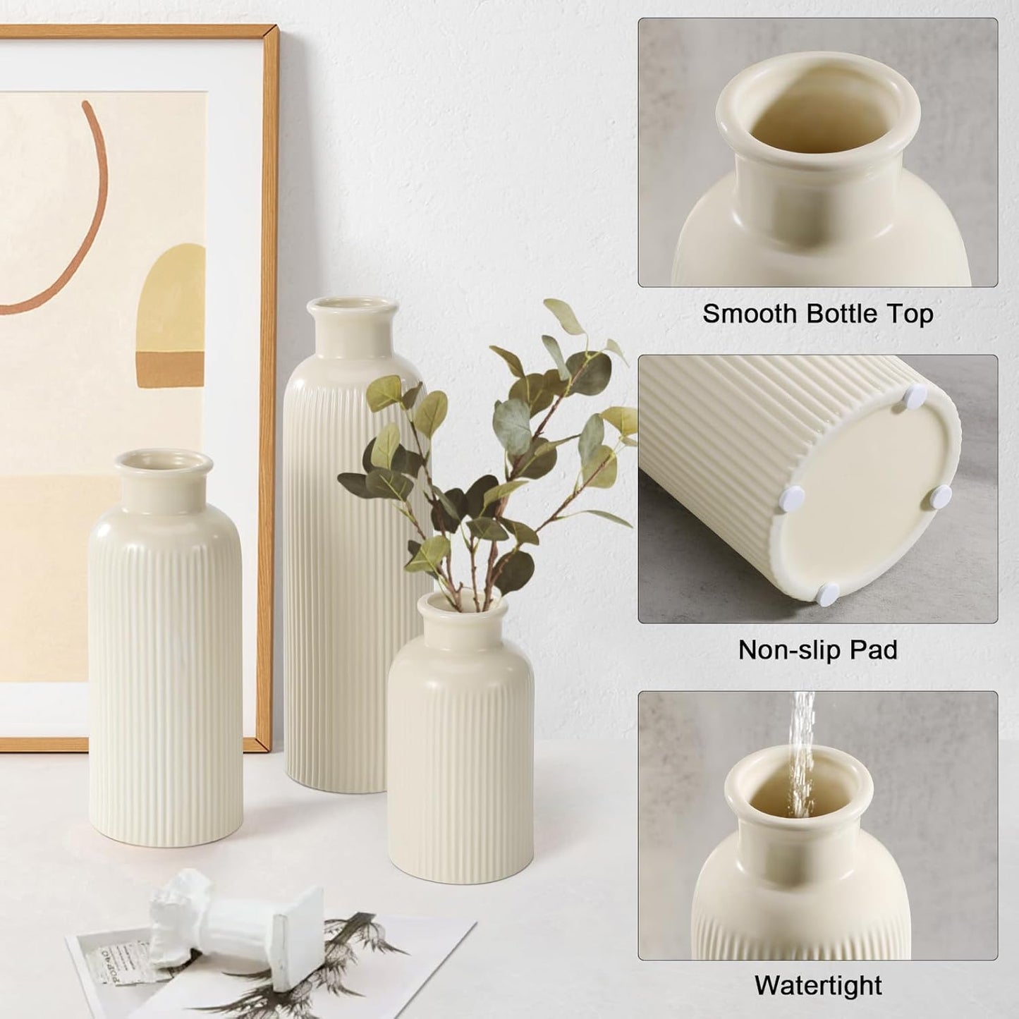 Small White Ceramic Vase Set of 3, Boho Modern White Flower Vase Room Decor, Farmhouse Decor, Vases for Your Kitchen, Bathroom, Bedroom, Living Room, Office&Shelf Centerpiece Table Decorations