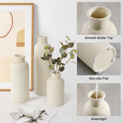 Small White Ceramic Vase Set of 3, Boho Modern White Flower Vase Room Decor, Farmhouse Decor, Vases for Your Kitchen, Bathroom, Bedroom, Living Room, Office&Shelf Centerpiece Table Decorations