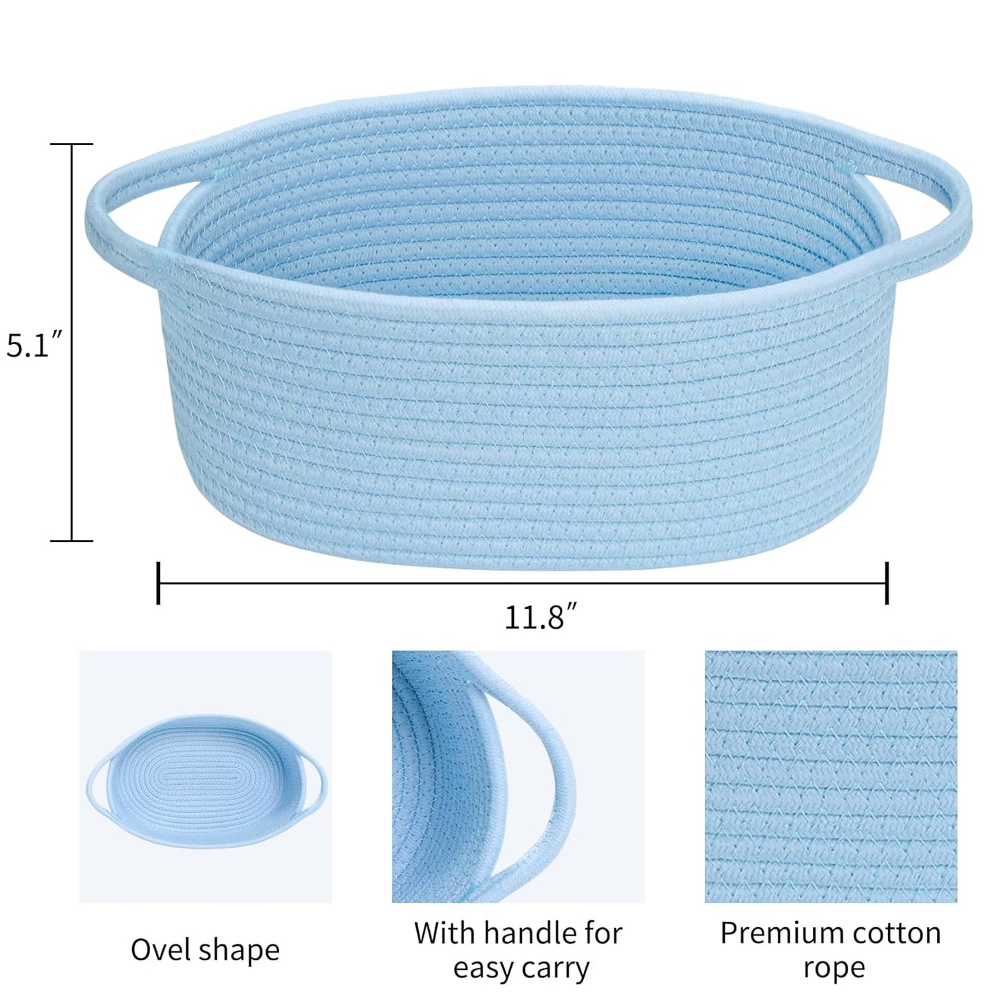 ABenkle Small Basket with Handles, Boho Decorative Rope Woven Dog Cat Toy Storage Bin Shelf Storage Organizer, Easter Christmas Gift Basket, 12"x8"x5", White