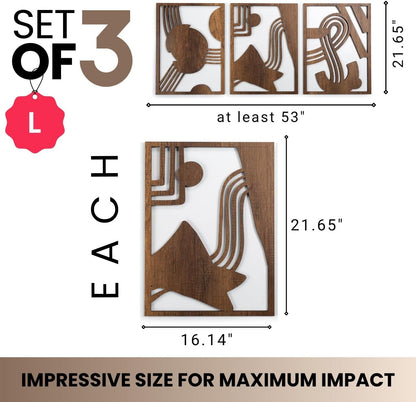 qmmp Modern Wooden Wall Sculptures - Set of 3 - Home Decor Accent - Large Wall Art for Living Room, Bedroom, Office - Easy Installation (Oak, Medium - Mountain and Sun)
