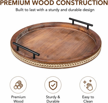 16 Inch Coffee Table Tray for Living Room, Beaded Round Wood Decorative Tray with Handles, Farmhouse Circle Trays for Kitchen Island Decor, Rustic Coffee Table Centerpiece Decor