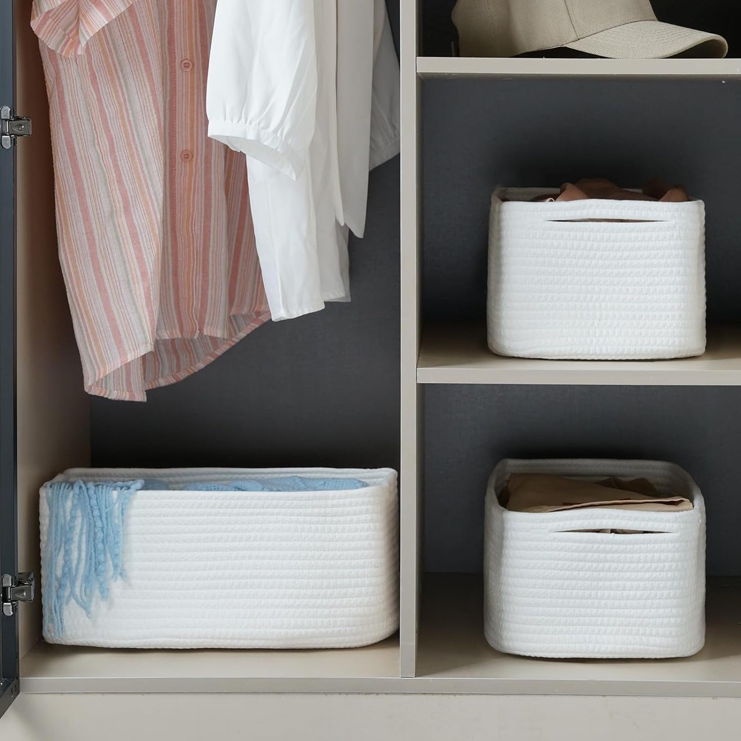 3-Pack Small Storage Baskets for Organizing | Woven Shelf Toy Basket | Rope Baskets for Gifts Empty | Closet Organizer Bins with Handles | Cube Decorative Box | 11.8×7.8×5.1” | Mixed brown