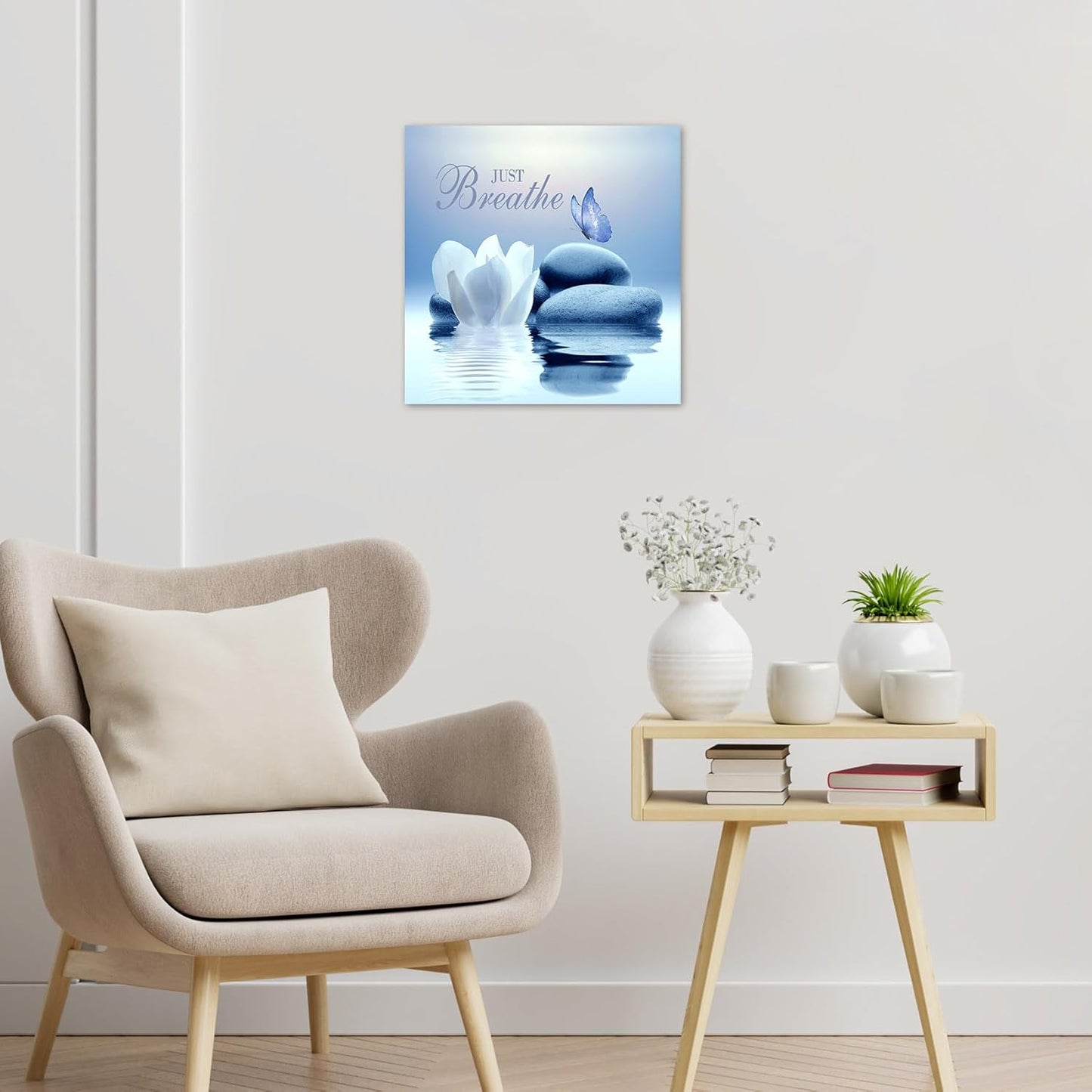 EOBTAIN Zen Flower Canvas Wall Art Bathroom Butterfly and Water Lily Stone Relaxing Spiritual Yoga Framed Wall Art Just Breathe Pictures Canvas Wall Decor for Living Room Bedroom,12x16 Inches