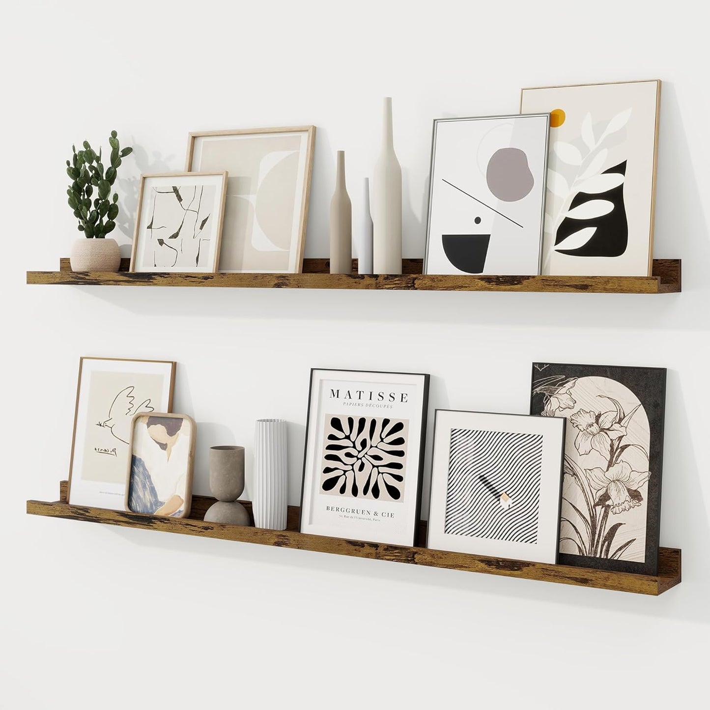 RICHFOCUS Picture Ledge Shelf, 24 inch Floating Shelves Set of 2, Wood Wall Shelves with Lip, Wall Decor Storage for Bedroom Living Room Bathroom Kitchen Nursery Photo Picture, Walnut
