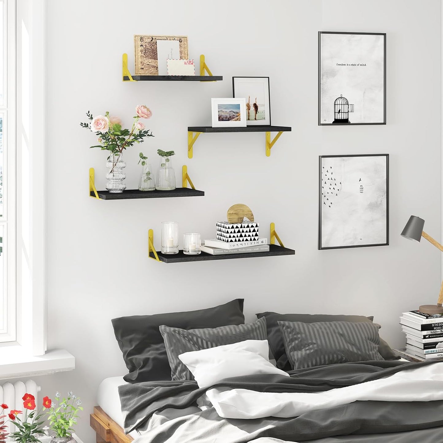 YGEOMER Floating Shelves for Wall, Different Sizes Dark Carbonized Brown Wall Shelves for Living Room, Bathroom, Bedroom, Kitchen, Home Decor (Set of 4)