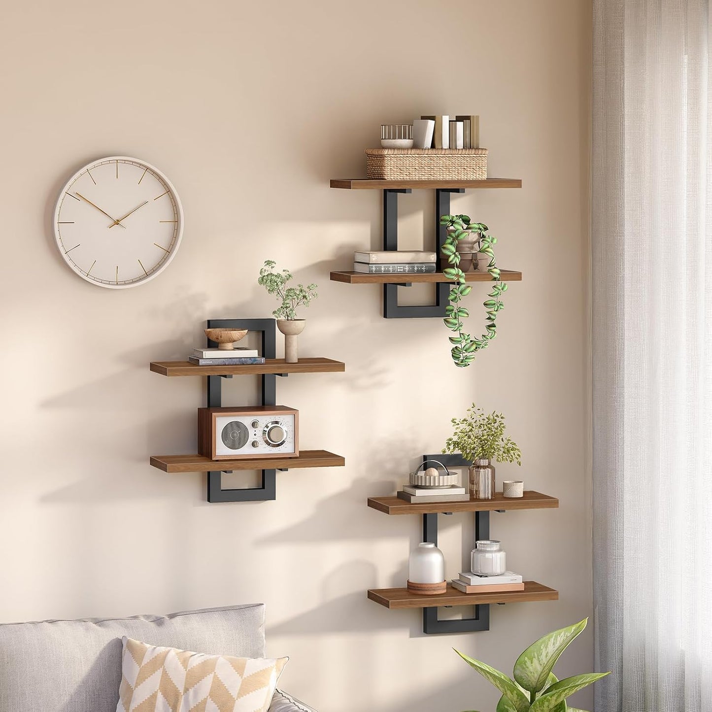 HOOBRO Floating Shelves, 15 Inch Wall Shelf Set of 2, Wall Mounted Storage Shelves 2-Tier, Hanging Bathroom Shelves, for Living Room, Bedroom, Bathroom, Kitchen, Rustic Brown and Black BF32BJ01G1